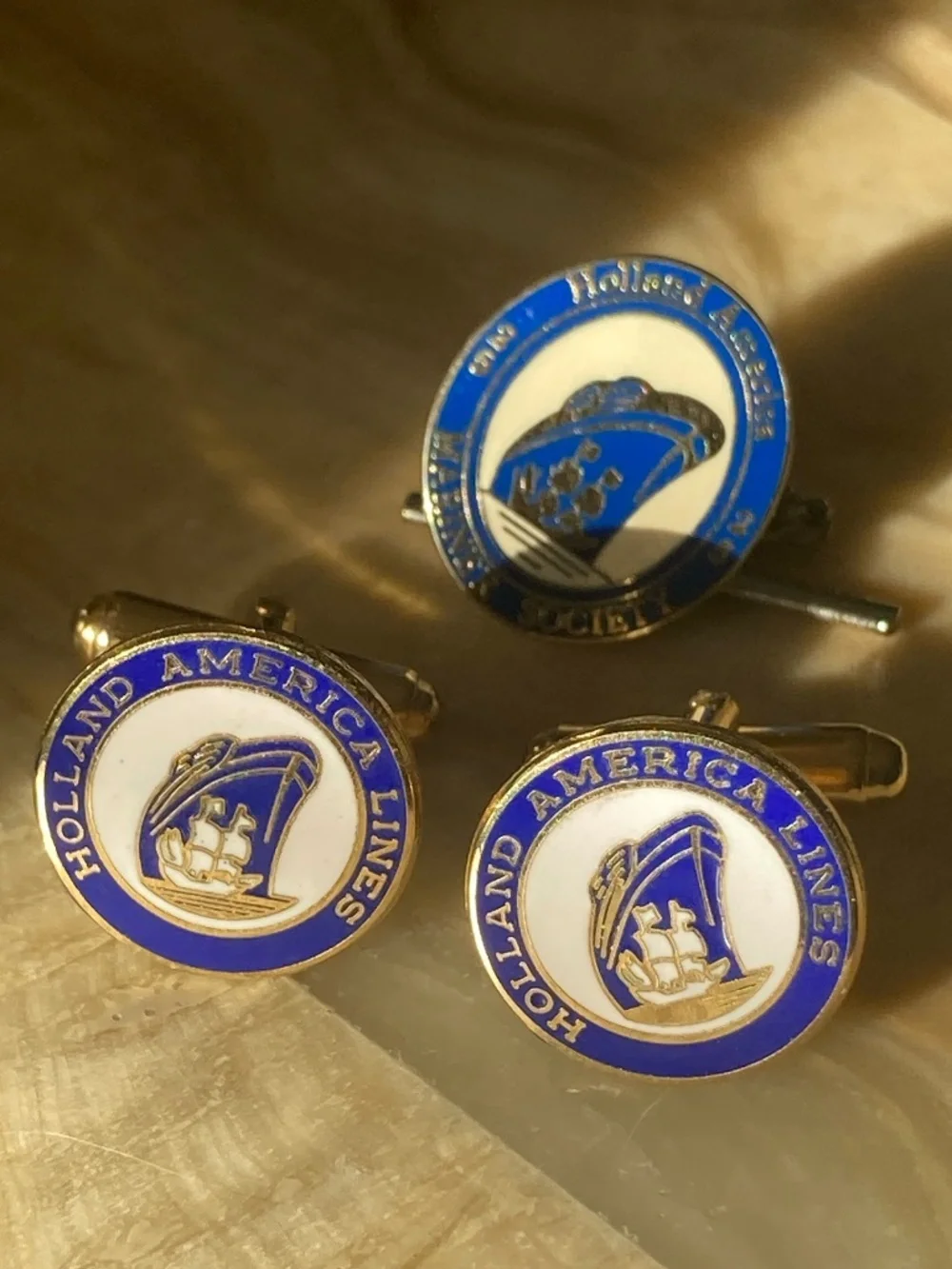 Vintage Holland America Lines Mariner Society Enamel Cufflinks & Tie Clip Set
